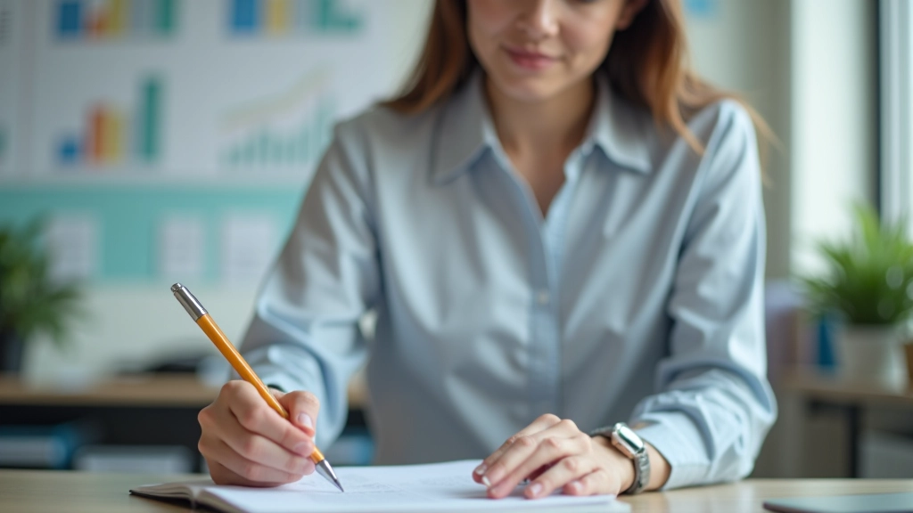 Person writing in a notebook with financial charts visible in the background