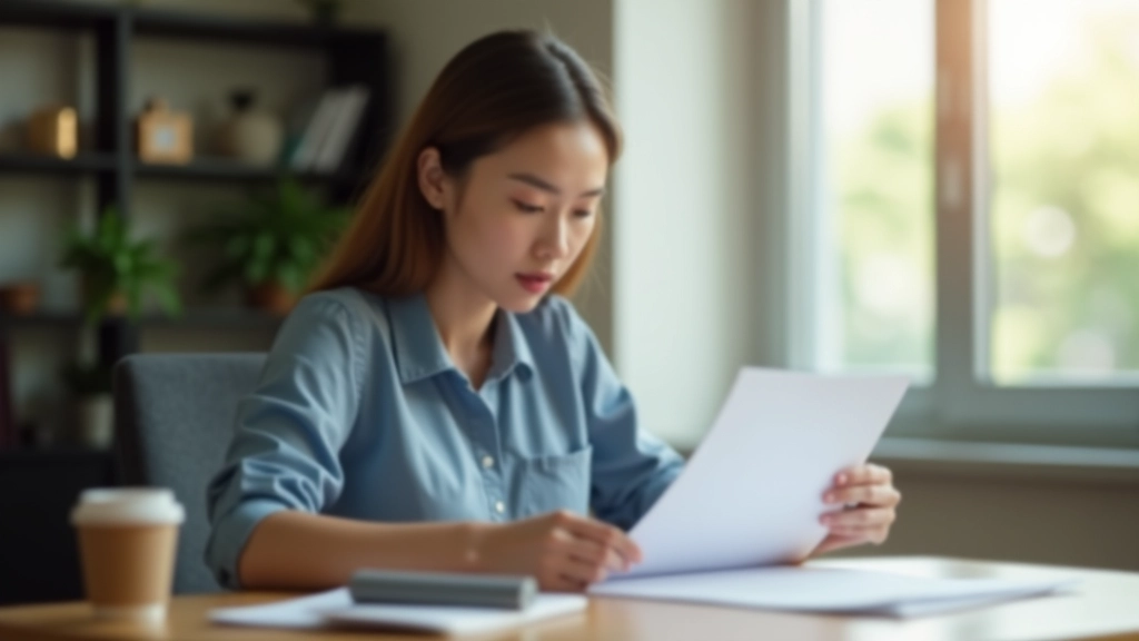 Person reviewing financial documents at desk with coffee cup and notebook