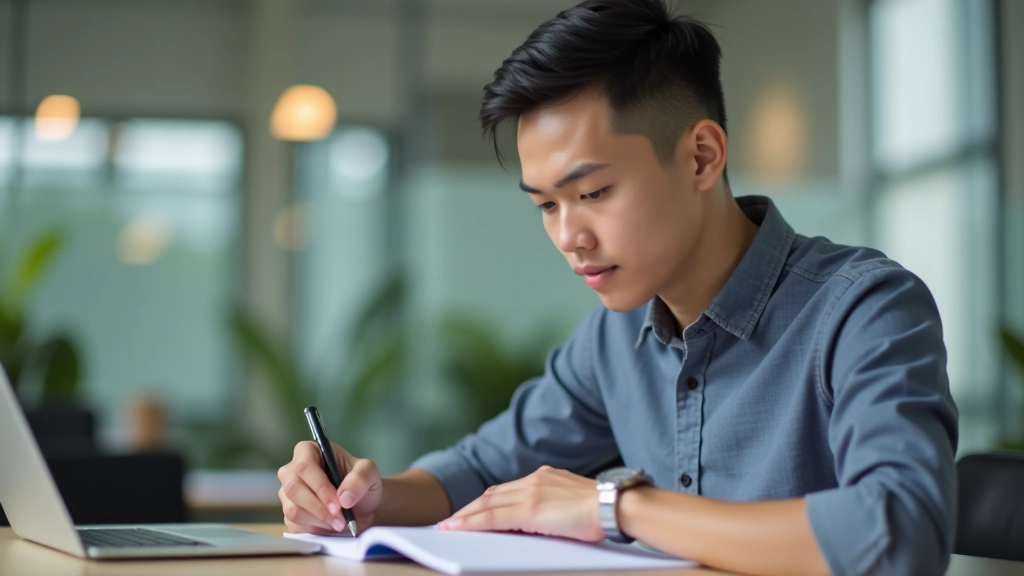Young professional reviewing loan documents at desk with calculator and notebook