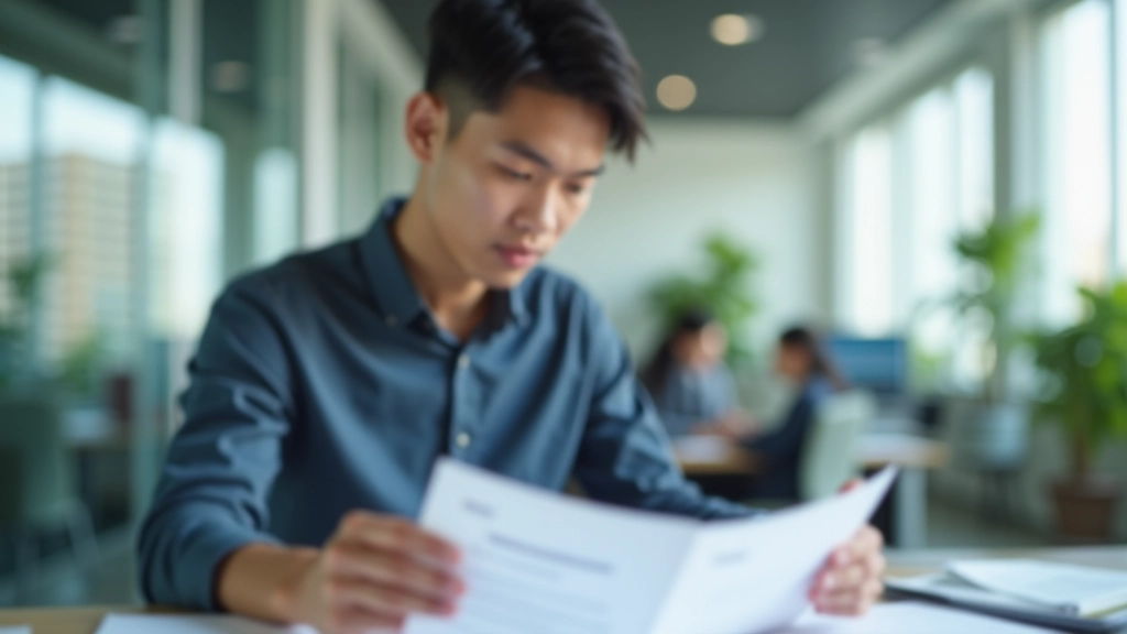 Young professional reviewing financial documents at a modern desk with laptop and notebook
