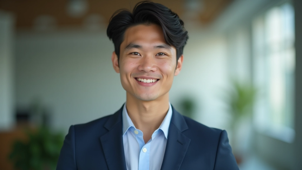 Graduate professional in office environment looking confident and focused while working at desk