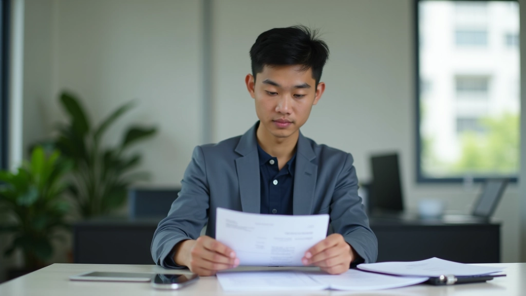 Young Malaysian graduate reviewing first payslip at modern workspace with financial documents