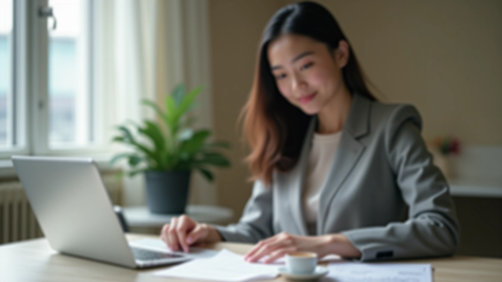 Young professional reviewing financial documents at desk with laptop